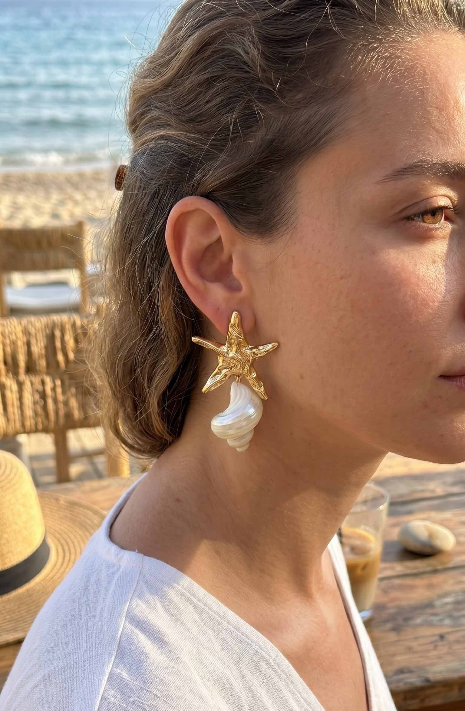 Doğal Deniz Kabuğu ve Gold Renk Yıldız Model Kadın Küpe