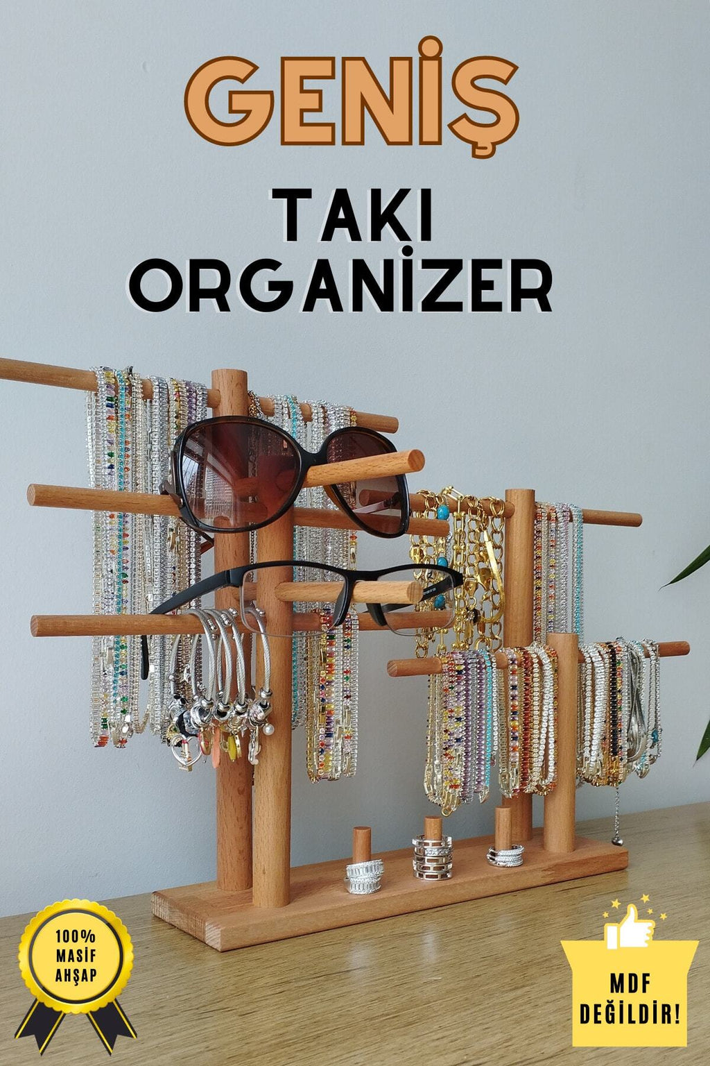 Takı Organizer Ahşap Takı Askısı Geniş Küpe Yüzük Standı Kolye Askısı Takı Düzenleyici