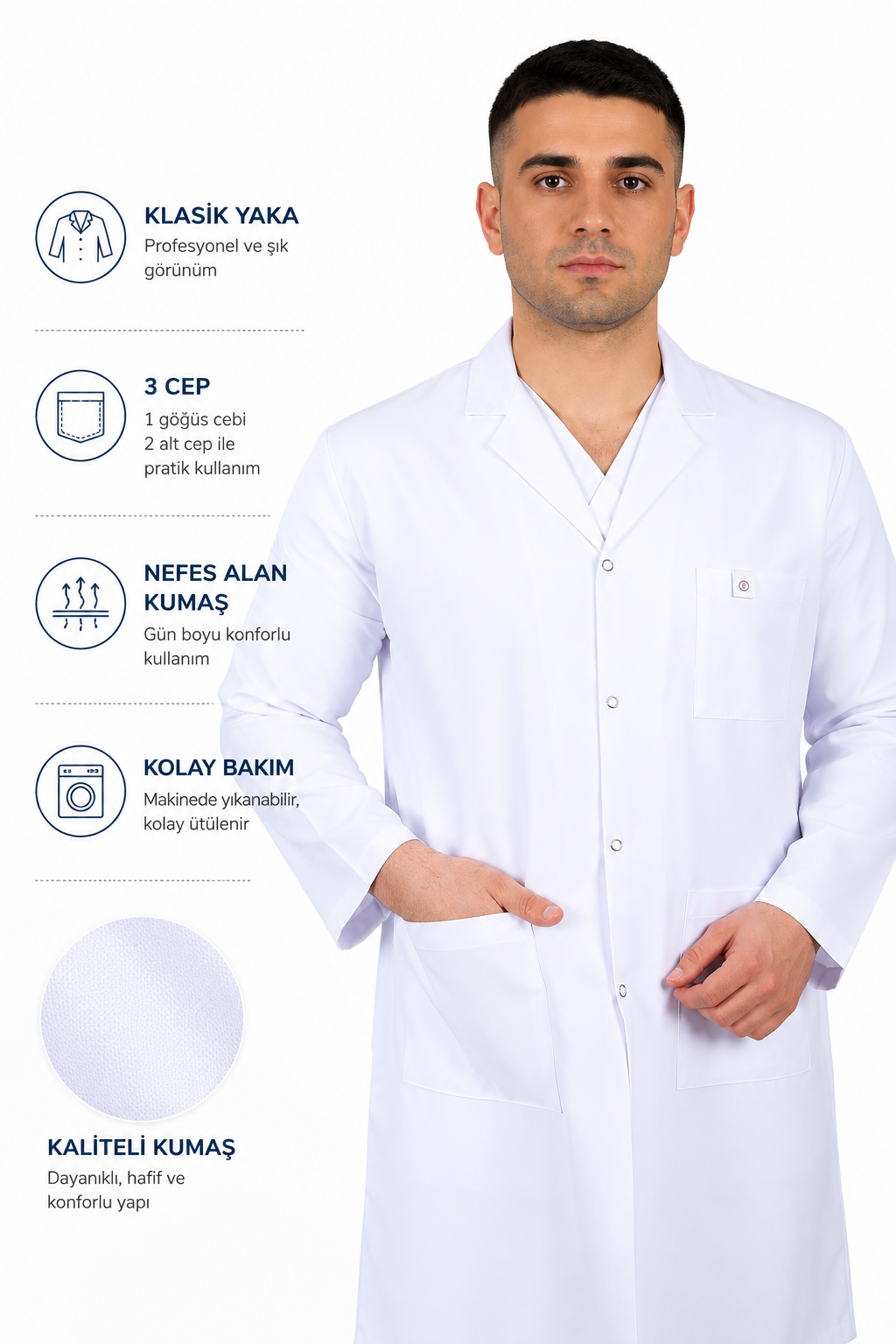 Klasik Yaka Uzun Boy Uzun Kol Erkek Önlük | İş Önlüğü Doktor Laborant Hemşire Önlüğü