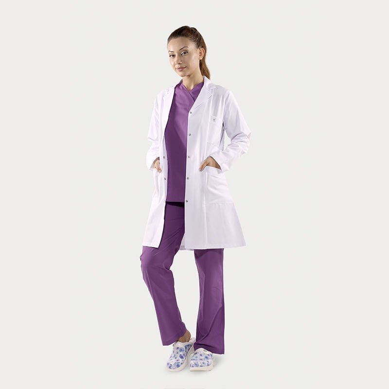 Orta Boy Alpaka Doktor Önlüğü | Klasik Yaka Uzun Kol Çıtçıtlı Beyaz Bayan Hekim Önlüğü