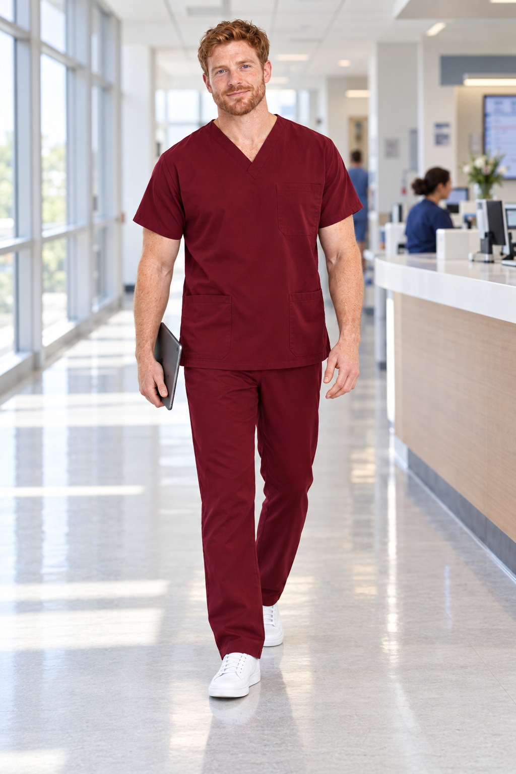 Erkek Bordo Hemşire ve Doktor Forması V Yaka Rahat Kesim Lastikli Bel Boru Paça Alt Üst Takım