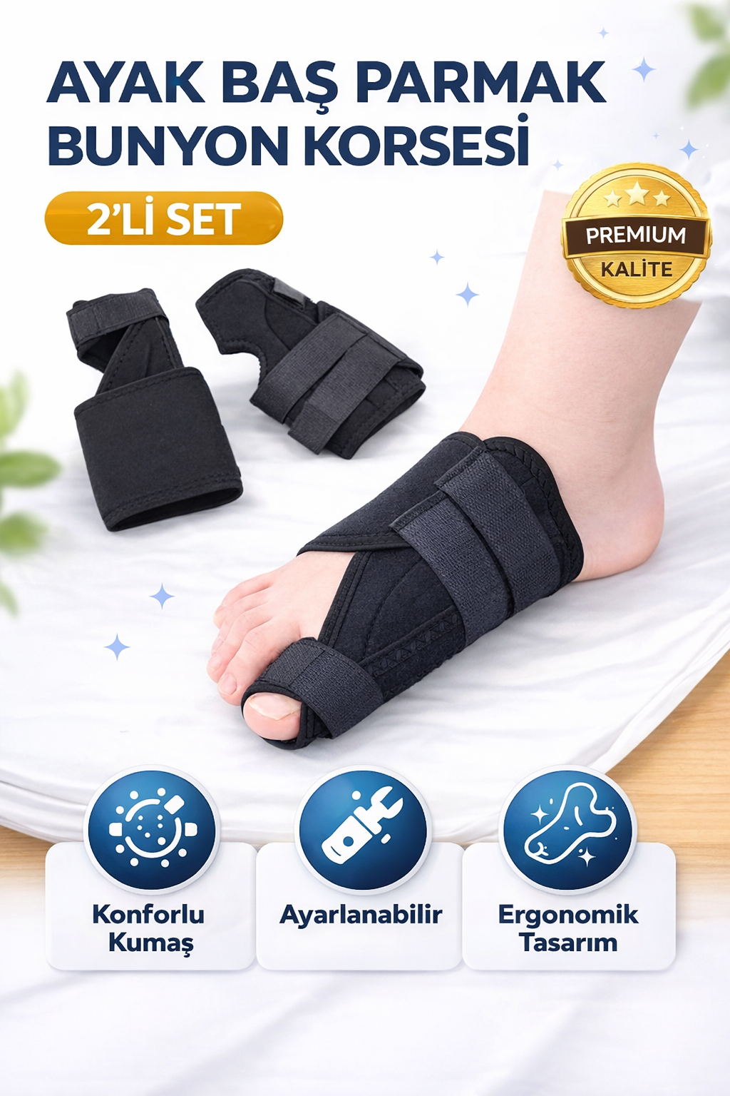 Halluks Valgus Gece Ateli 2'li Set – Baş Parmak Destekleyici, Ayarlanabilir & Bunyon Düzeltici