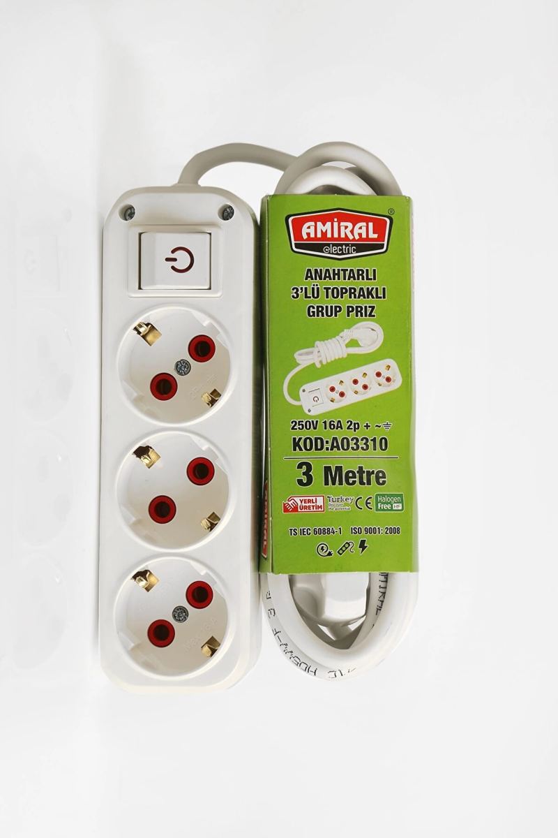 3' Lü Topraklı Anahtarlı 3 Metre Kablolu Grup Priz