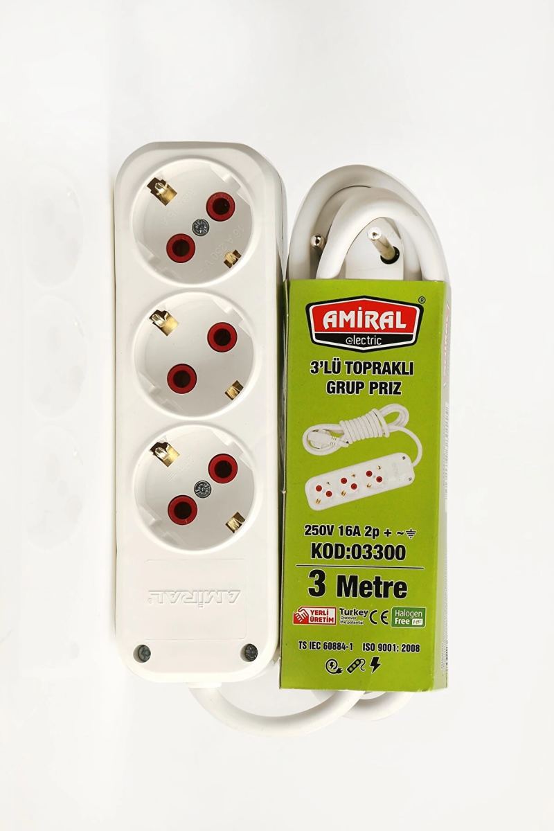 3' Lü Topraklı 3 Metre Kablolu Grup Priz