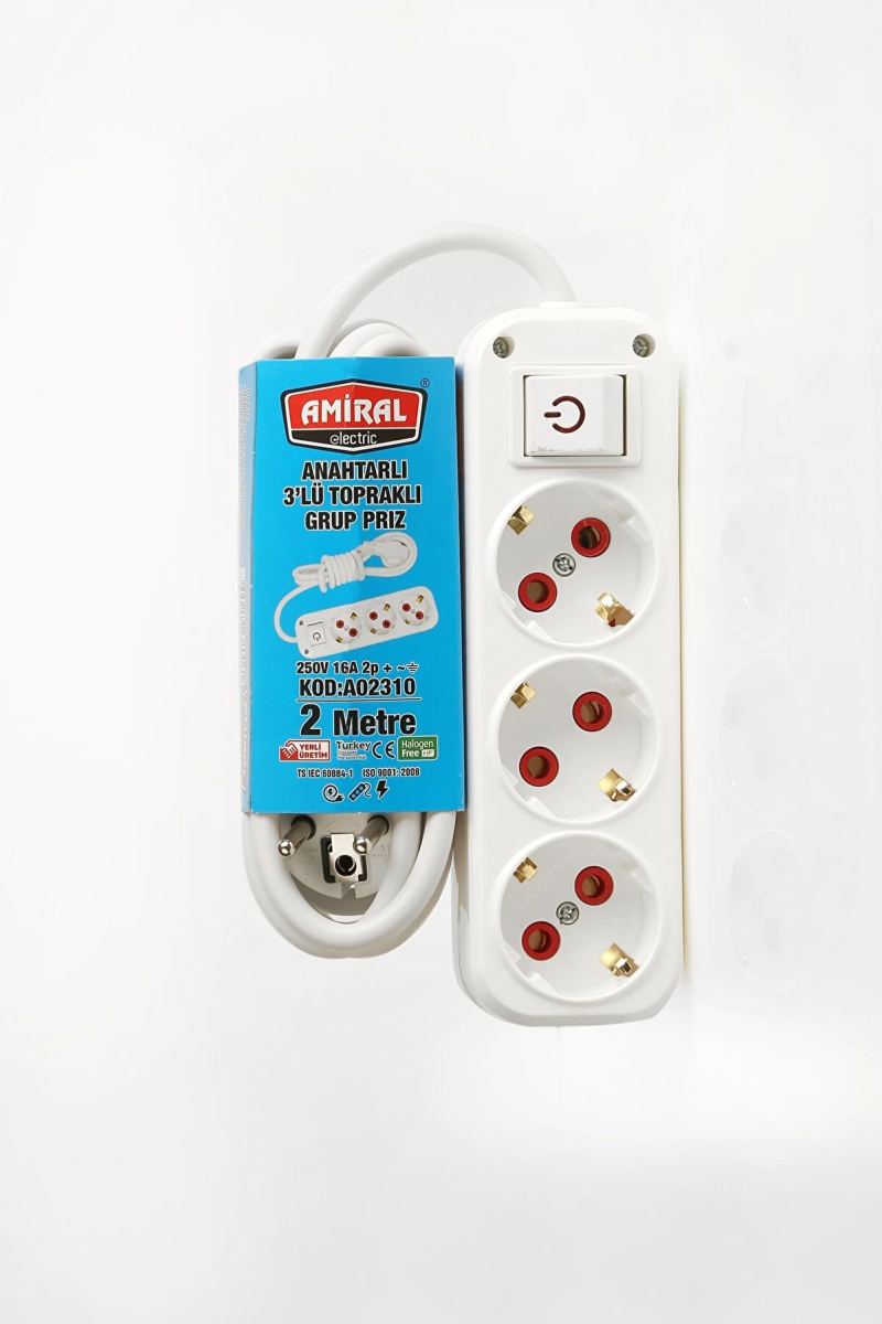 3' Lü Topraklı Anahtarlı 2 Metre Kablolu Grup Priz